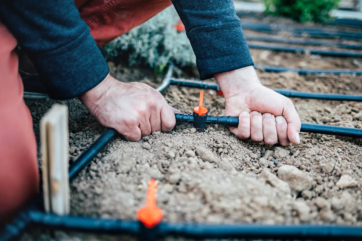Irrigation system on the site. Hands attach a hose to a tap . horizontal shot, selective focus, close-up